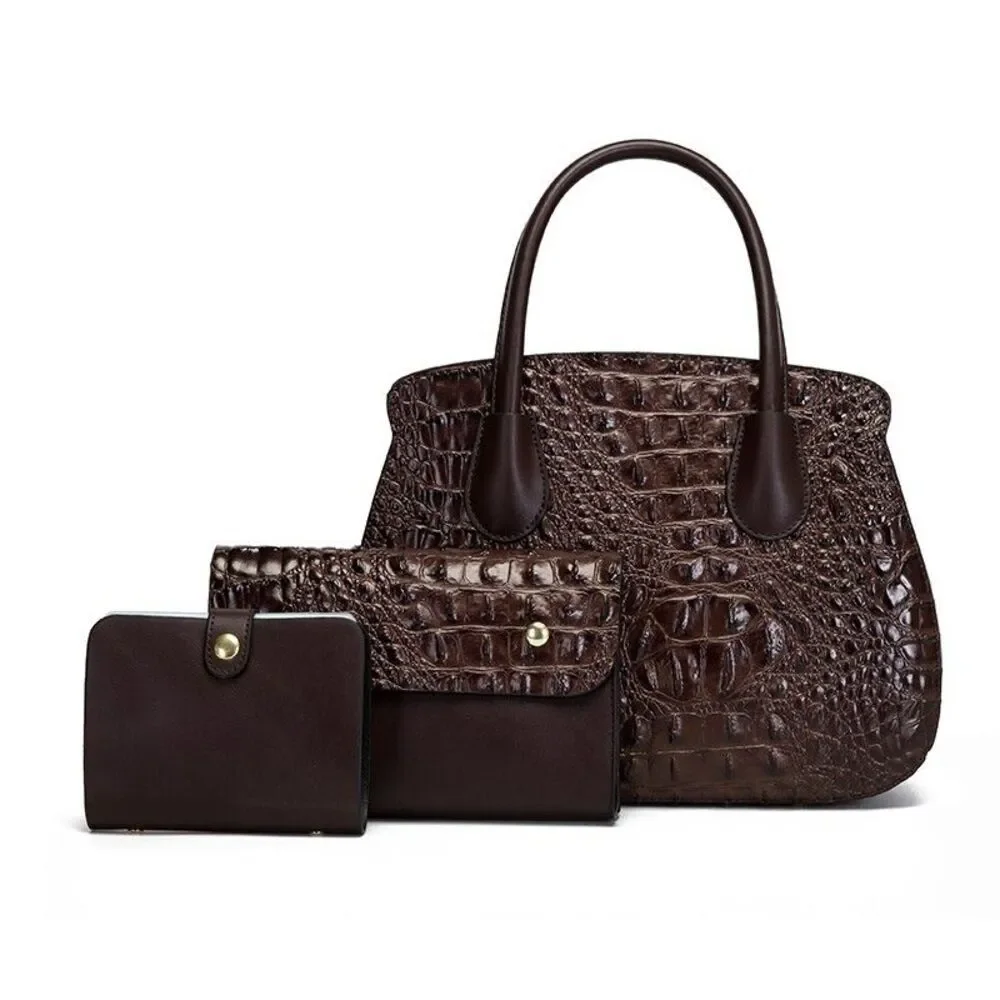 Women Handbags and Wallet 3Pcs Set Glossy Crocodile Pattern Purses Satchel - Picture 2 of 3